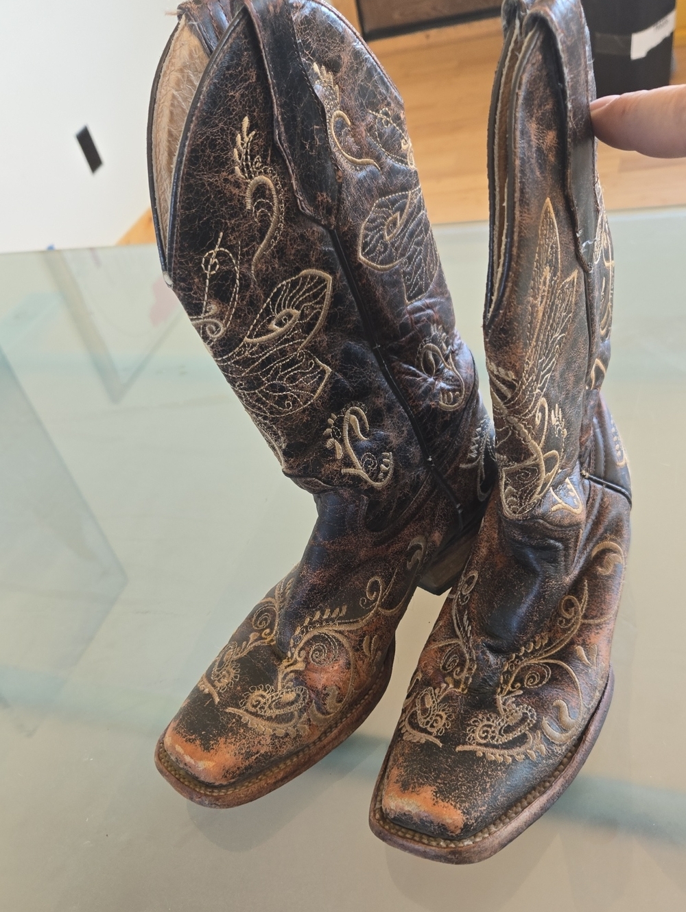 Circle G Brown Distressed Leather Cowboy Boots with Cream Embroidery